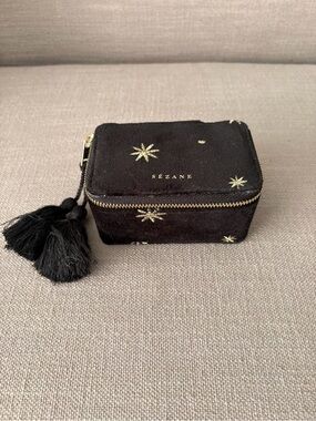 NWOT Sézane Black Velvet Gold Star Embroidered Travel Jewelry Box Case